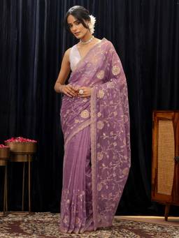 Libas - Purple Floral Zari Embroidered Saree with Stone Work Embroidered Border
