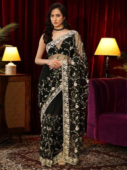 Libas - Black Floral Zari Embroidered Saree with Beads Embroidered Border