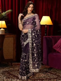Libas - Purple Floral Zari Embroidered Saree with Beads Embroidered Border
