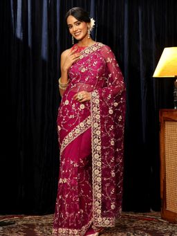 Libas - Pink Floral Zari Embroidered Saree with Beads Embroidered Border