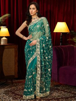 Libas - Green Floral Zari Embroidered Saree with Beads Embroidered Border