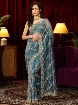Libas - Blue Floral Saree with Embroidered Border