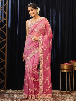 Libas - Pink Floral Saree with Embroidered Border