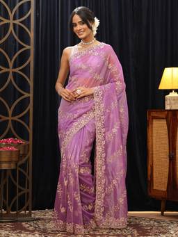 Libas - Purple Floral Zari Saree with Embroidered Border