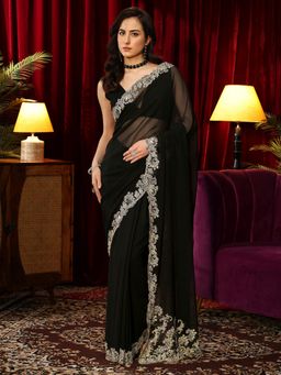 Libas - Black Solid Saree with Floral Beads Embroidered Border