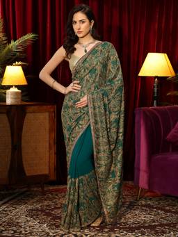 Libas Art - Green Paisley Embroidered Saree with Stonework Embellished Border