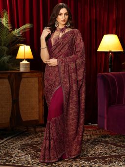 Libas Art - Maroon Paisley Embroidered Saree with Stonework Embellished Border