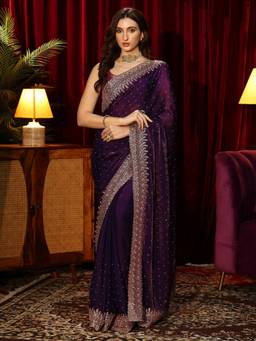 Libas - Purple Stone Work Saree with Embroidered Border