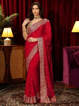 Libas - Red Stone Zari Work Saree with Embroidered Border