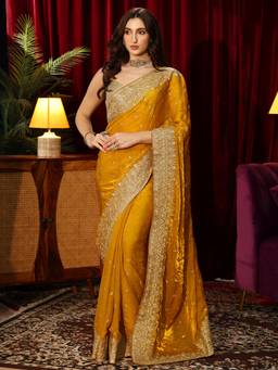 Libas - Mustard Stone Zari Work Saree with Embroidered Border