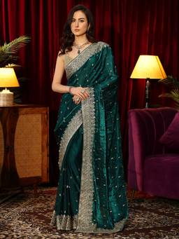 Libas - Green Stone Zari Work Saree with Embroidered Border