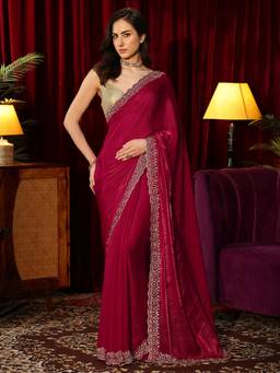 Libas - Pink Solid Saree with Beaded Embellished Border