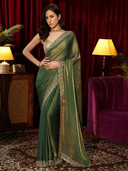 Libas - Green Solid Saree with Beaded Embellished Border