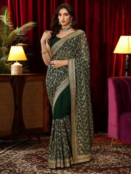 Libas - Green Zari Work Saree with Embroidered Border