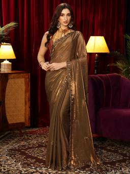 Libas - Bronze Beaded Embellished Saree with Embellished Border