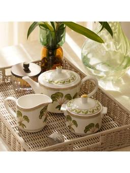 Pure Home + Living - Set of 3 Ivory Printed Soleno Bone China Tea Set
