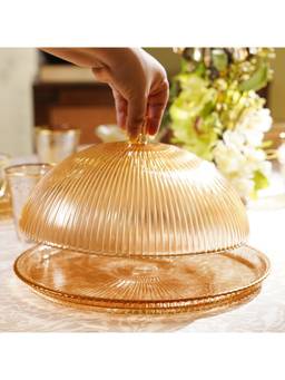 Pure Home + Living - Light Amber Ribbed Glass Cloche With Base Plate