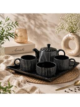 ARRABI - Black Hand-Painted Striped Tea Set With Kettle, Cups, Bowl & Tray