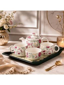 ARRABI - White Ceramic Floral Tea Set With Kettle, Cups, Bowl & Tray