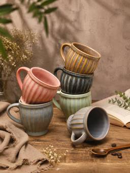ARRABI - Multicolour Ribbed Ceramic Tea Set | Set of 6