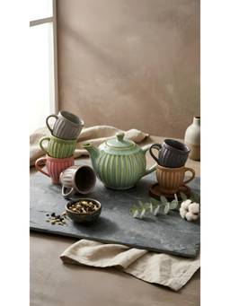 ARRABI - Multicolour Ribbed Ceramic Tea Set With Kettle & 6 Tea Cups