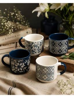 ARRABI - Blue & White Ceramic Floral Tea Set | Set of 6