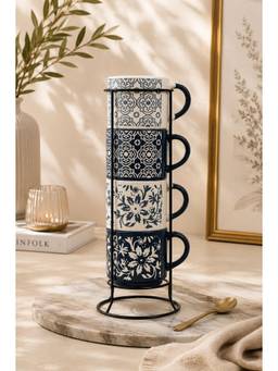 ARRABI - Blue & White Ceramic Floral Tea Set With Stand & 4 Tea Cups