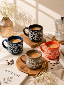 ARRABI - Multicolour Ceramic Floral Tea Set | Set of 6
