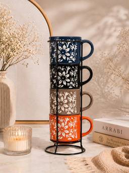 ARRABI - Multicolour Ceramic Floral Tea Set With Stand & 4 Tea Cups