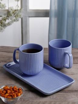 ARRABI - Blue Ribbed Ceramic Mug Set of 2 With Tray & Gift Packaging
