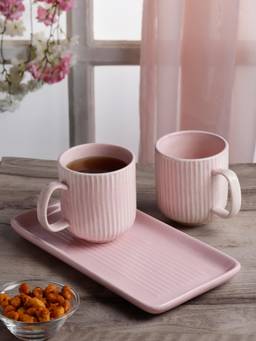 ARRABI - Pink Ribbed Ceramic Mug Set of 2 With Tray & Gift Packaging