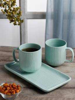 ARRABI - Green Ribbed Ceramic Mug Set of 2 With Tray & Gift Packaging