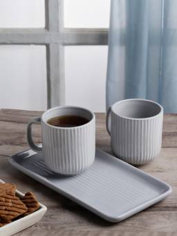 ARRABI - Grey Ribbed Ceramic Mug Set of 2 With Tray & Gift Packaging