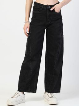 COSMIC TRIO - Cotton Relaxed Straight Leg Loose Fit Black Cargo Jeans