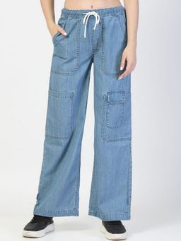 COSMIC TRIO - Relaxed Straight Leg Loose Fit Cotton Blue Cargo Jeans