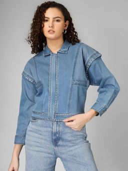 COSMIC TRIO - Washed Crop Blue Denim Jacket