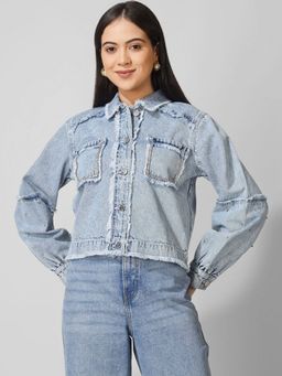 COSMIC TRIO - Blue Washed Crop Denim Jacket