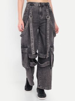 COSMIC TRIO - Loose Fit High-Rise Denim Grey Cargo Jeans