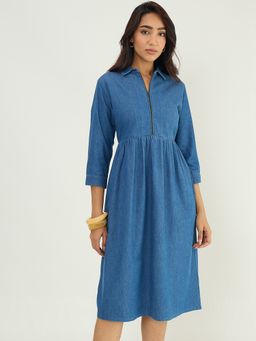 Femmella - Mid Blue Front Zip Up Denim Dress