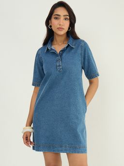 Femmella - Acid Blue Half Buttoned Denim Dress