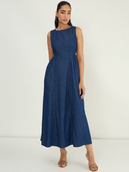 Femmella - Navy Blue Side Gather Detail Denim Dress