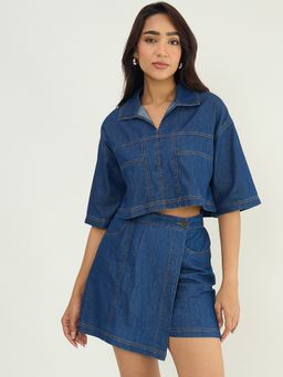 Femmella - Navy Blue Denim Skort Top with Skorts