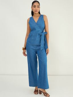 Femmella - Mid Blue Wrap Top Denim Co-Ord Set