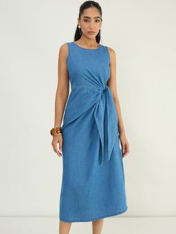 Femmella - Mid Blue Knot Detail Denim Dress