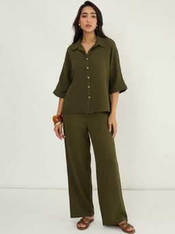 Femmella - Olive Cotton Gauze Button Down Co-Ord Set