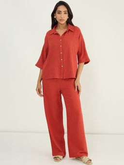 Femmella - Rust Cotton Gauze Button Down Co-Ord Set