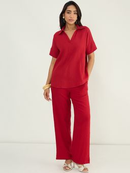 Femmella - Red Cotton Gauze Collared Co-Ord Set