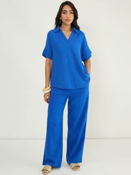 Femmella - Blue Cotton Gauze Collared Co-Ord Set