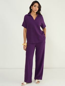 Femmella - Deep Purple Cotton Gauze Collared Co-Ord Set