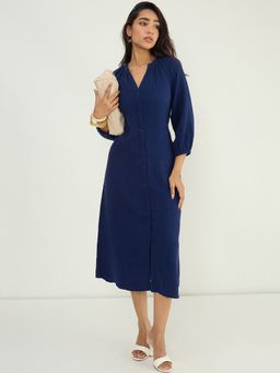 Femmella - Navy Blue Cotton Gauze Button Down Dress